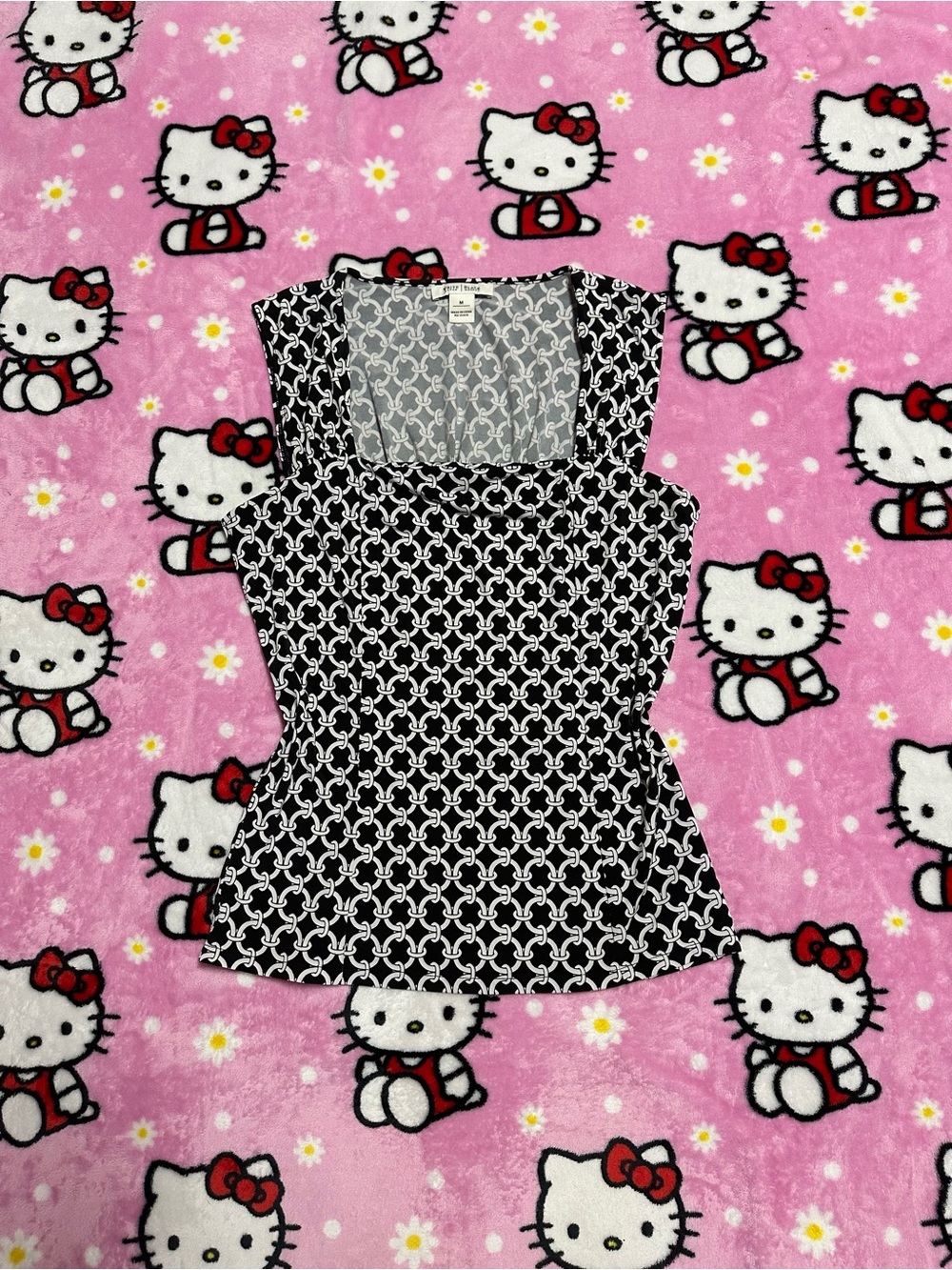 White House Black Market Black & White Patterned Square-Neck Tank